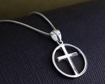Collier croix en argent pour femme, pendentif croix en argent sterling massif 925, collier croix et cercle de Jésus, bijoux confession religieuse chrétienne