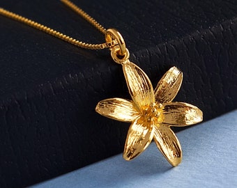 Gold Lily Flower Pendant Necklace, 24k Gold Vermeil Style Lily & Gold Filled Chain, Mothers Day Jewelry, Anniversary Necklace, FREE SHIPPING