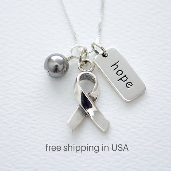 Diabetes, Brain Tumor, Glioblastoma, Asthma, Parkinson's Awareness Sterling Silver Necklace, FREE SHIPPING, Gray Pearl, Ribbon, Word Charm