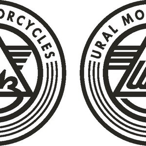 May include: Two black and white circular decals with the text "URAL MOTORCYCLES" around the outside. The centre of each decal features a stylised triangle with the text "UMZ" inside.