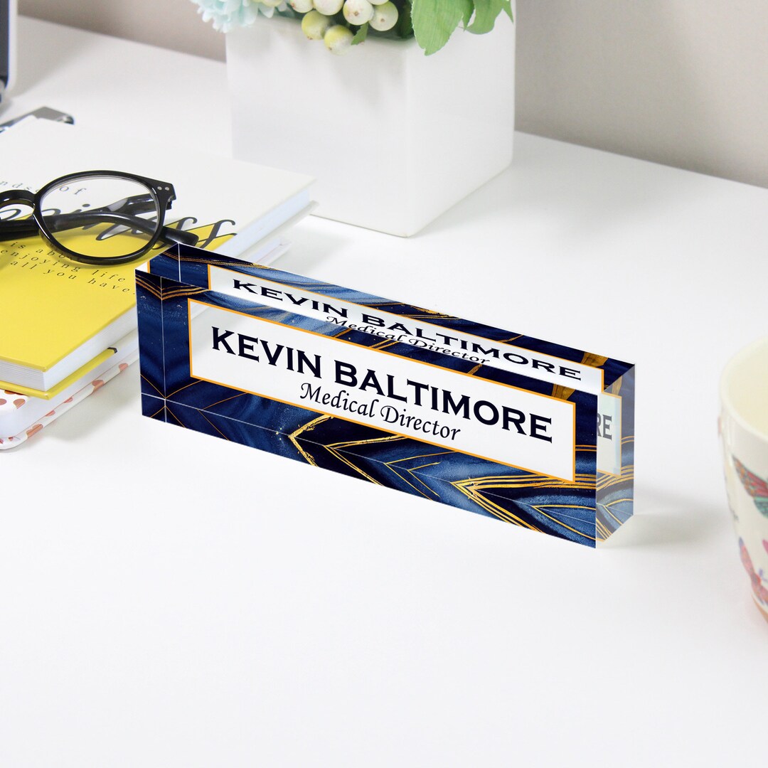 Acrylic Desk Name Plate for Medical Directors Blue & Gold Marble Design ...