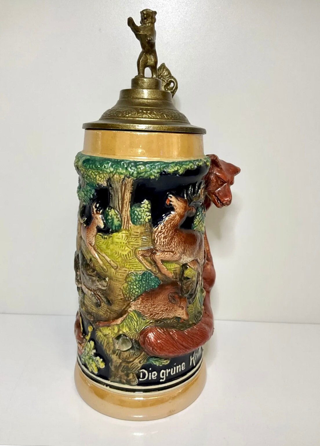 Rare German Beer Stein Fox Handle & Bear Lid Hunting Scene Etsy UK