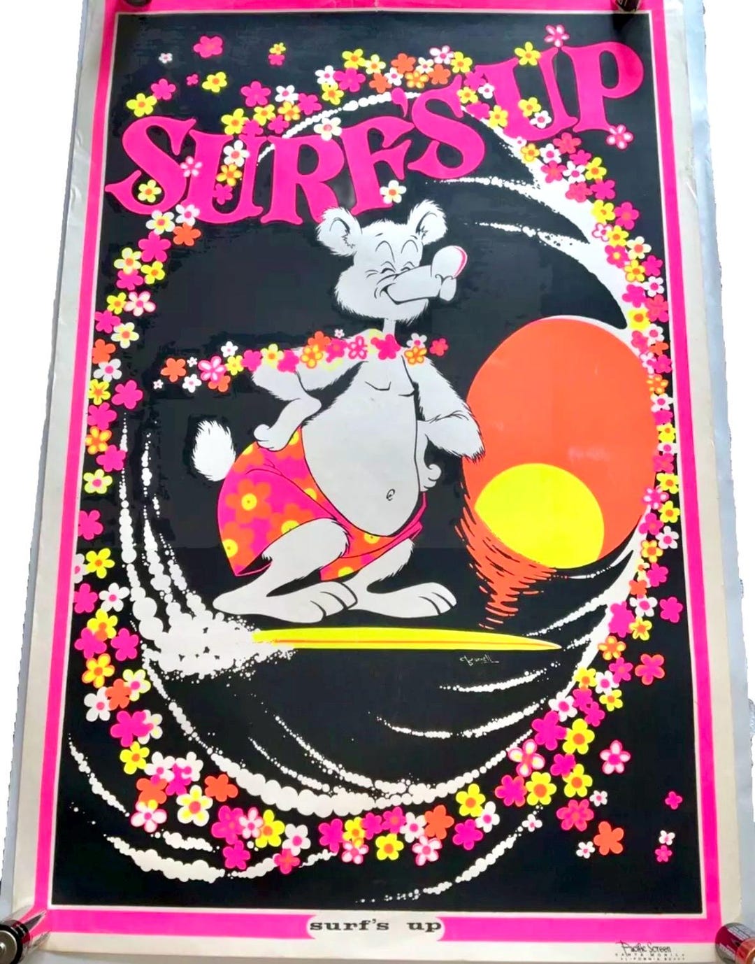 Original Vintage Poster SURFS UP BEAR Blacklight 1970's by Pacific