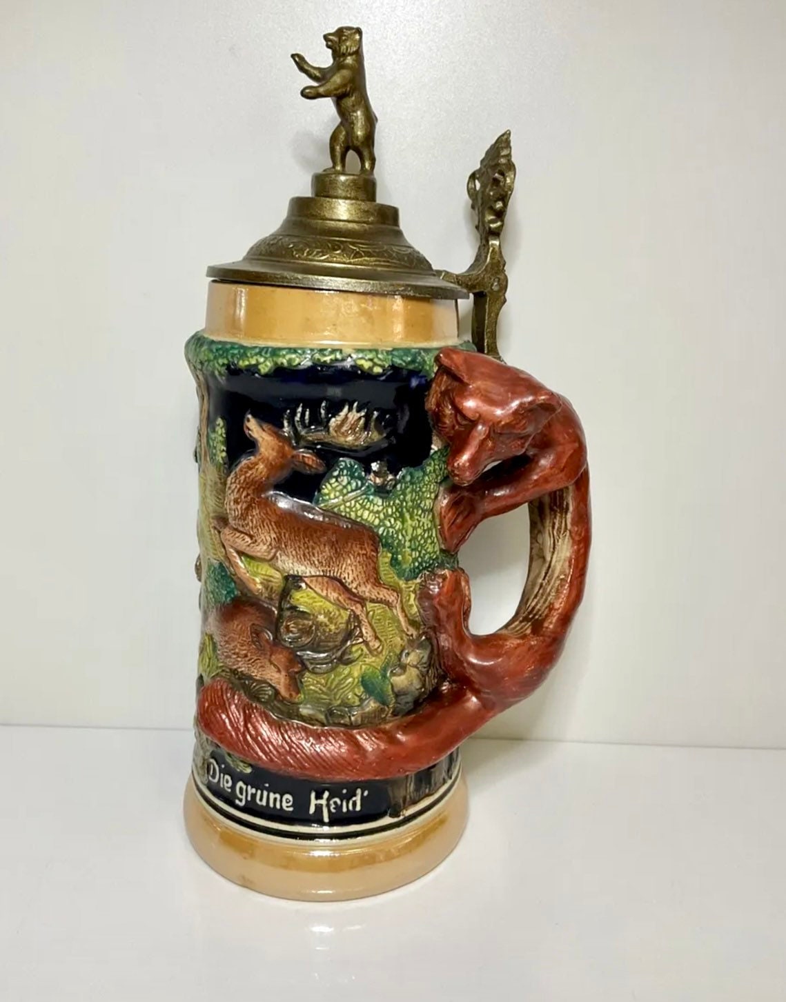 Rare German Beer Stein Fox Handle & Bear Lid Hunting Scene Etsy UK
