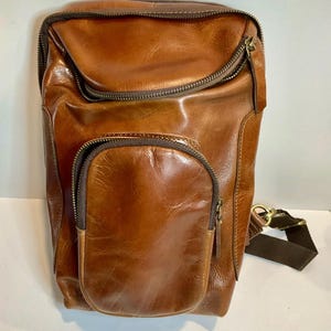 May include: A brown leather backpack with multiple zipped pockets and a brown adjustable strap.