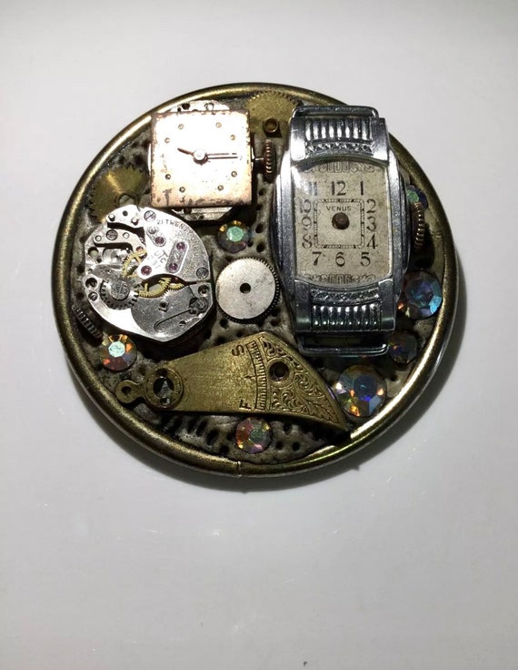 Rare Handmade Watch Pin / Brooch With Watch Parts, Si… Gem