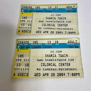 Sammlerstücke SHANIA TWAIN Konzert 2 Karten 2004 Apr. Mi. Stub L, Kolonialstil Mitte