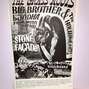 May include: Black and white concert poster featuring "The Grass Roots," "Big Brother & The Holding Co.," and "The Buddha From Muir Beach." The poster includes a stone facade and a gargoyle illustration. The event is at the Avalon Ballroom, June 3-4, San Francisco.