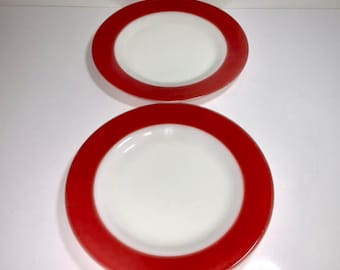 Vintage  Pyrex Flamingo Pink Coral Rim 8 Inch Salad Plates Set Of 2