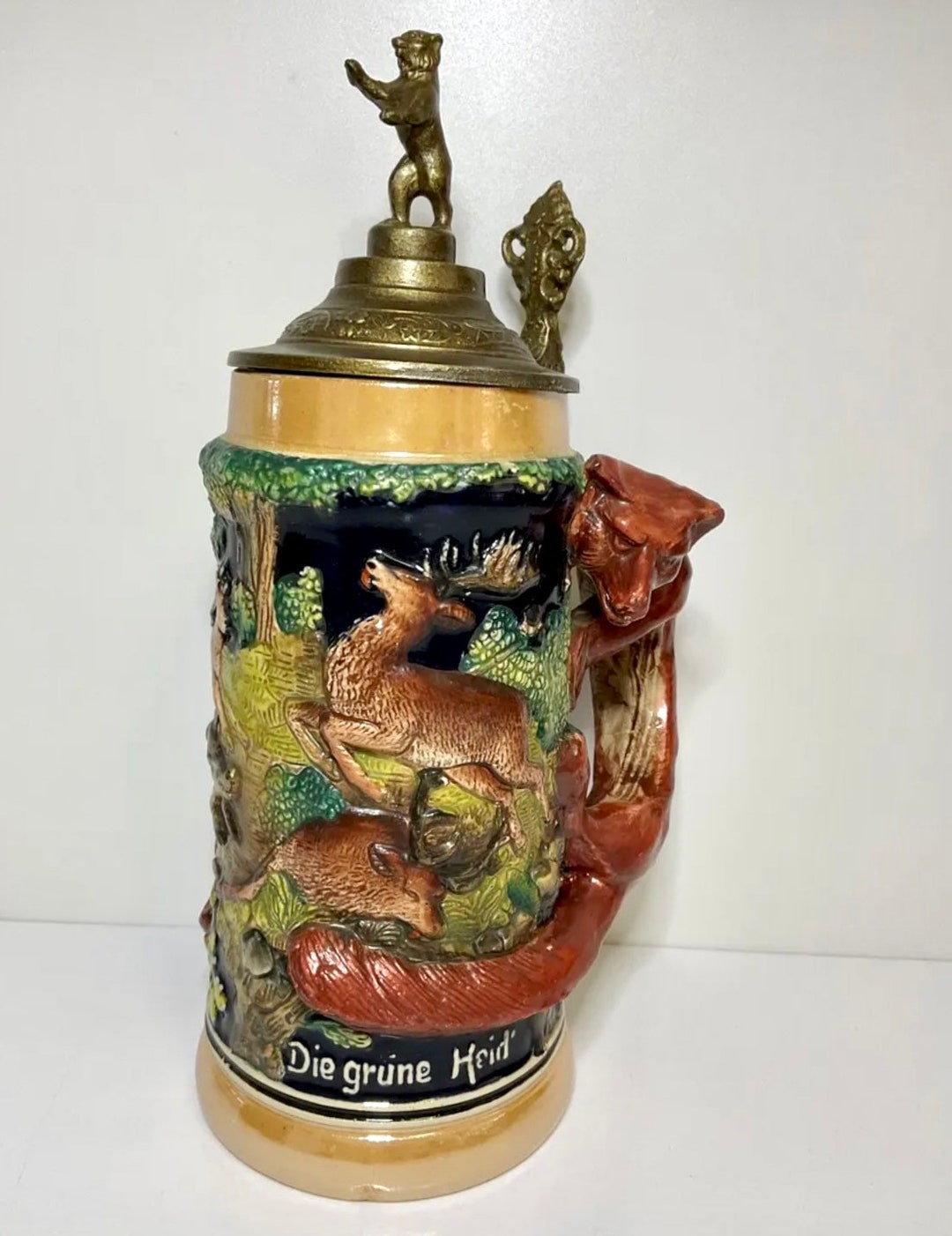 Rare German Beer Stein Fox Handle & Bear Lid Hunting Scene Etsy UK