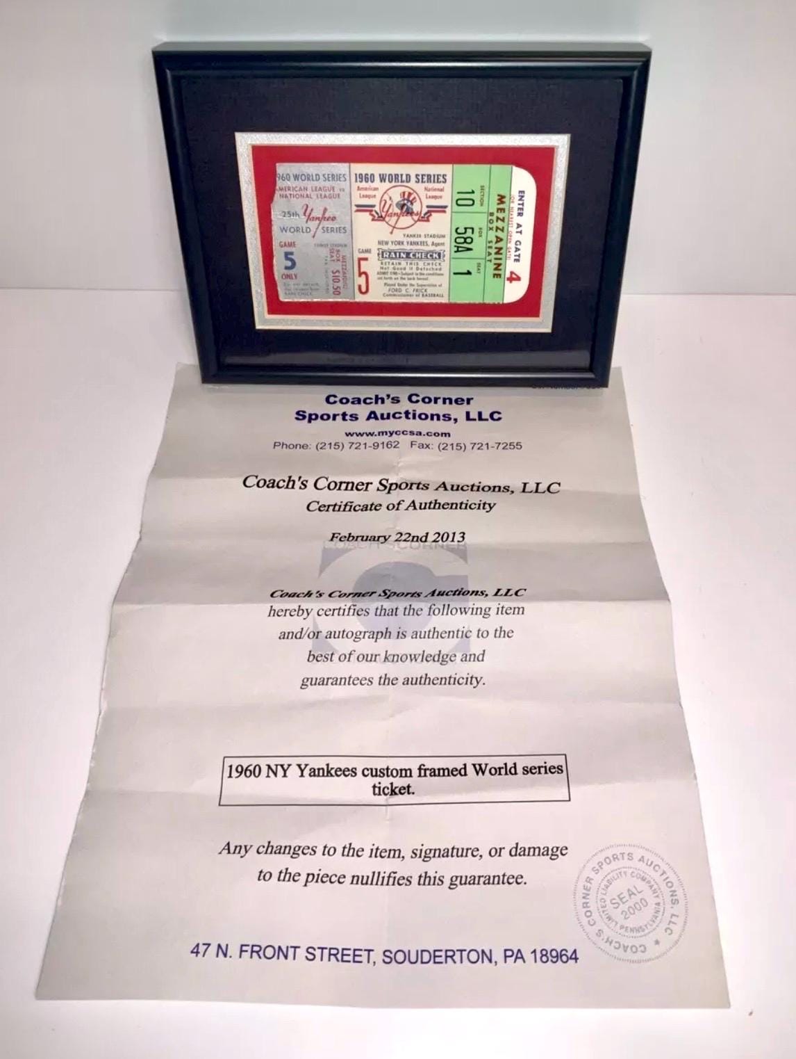 1960 New York Yankees World Series Baseball Ticket Stub Framed