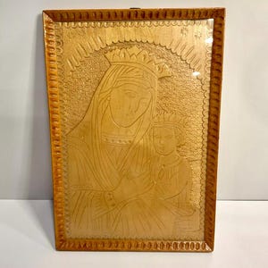 Vintage Hand Carved Wood Wall Hanging Plaque Icon Virgin Mary Jesus Christ