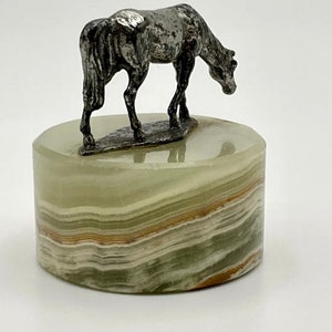 Vintage Rare  Small Pewter Horse Standing On Green Onyx