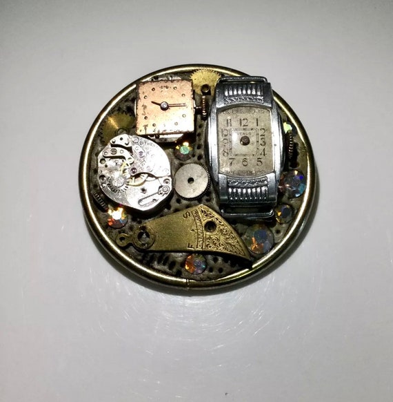 Rare Handmade Watch Pin / Brooch With Watch Parts, Si… Gem