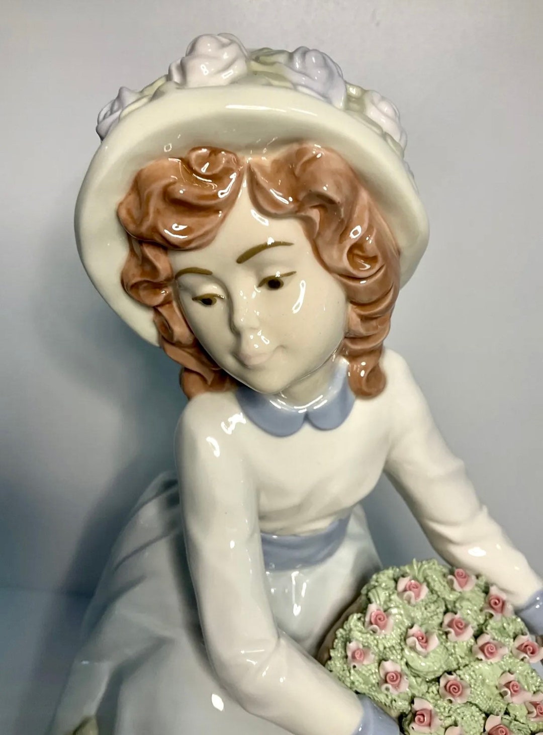 Vintage NADAL Glazed Porcelain Figurine Girl With Flowers Etsy
