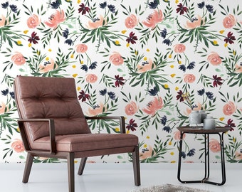 Fields of Gypset on White Floral Removable Wallpaper  / tropical wallpaper / botanical self adhesive / floral wallpaper W306-27