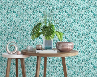 Leaf Botanical Wallpaper - Blue and Green Removable Wallpaper - Plant Pattern Accent Wallpaper - G122