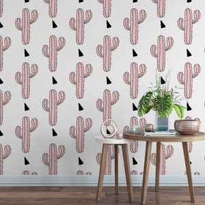 Carta da parati rimovibile con cactus rosa - Carta da parati autoadesiva carina - Carta da parati temporanea succulenta - P123-27