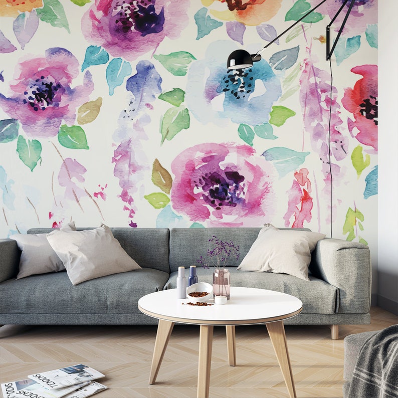 Watercolor Flowers Painted Wall Mural / tropical wallpaper / botanical self adhesive / floral wallpaper M2279 imagem 3