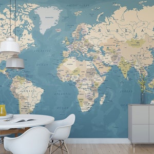 Kaartbehang | Kaartmuur | Kaart Muurschildering | Atlas-achtergrond | Wereldkaart Accentmuur | Grote kaart muur sticker | Verwijderbaar kaartbehang