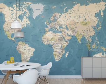 Labeled World Map Mural: Peel and Stick Accent Wall Decal