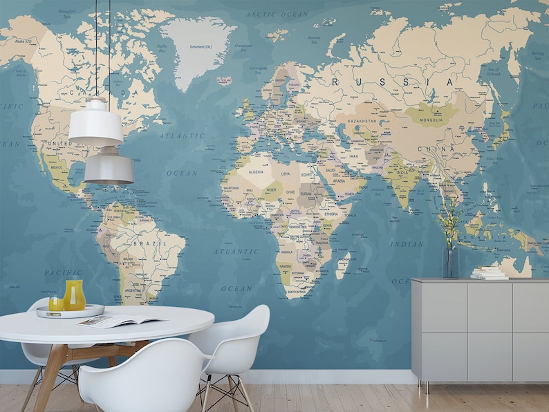 World Map Temporary Wall Mural Art Political Removable Wallpaper Globe Self Adhesive M6654