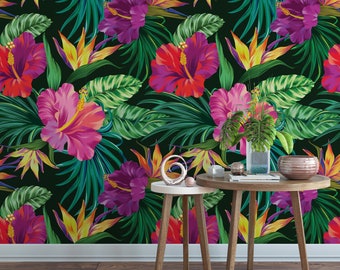 Tropical Hibiscus Removable Wallpaper  / tropical wallpaper / botanical self adhesive / floral wallpaper B153-27