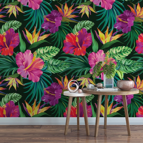 Tropical Hibiscus Removable Wallpaper  / tropical wallpaper / botanical self adhesive / floral wallpaper B153-27