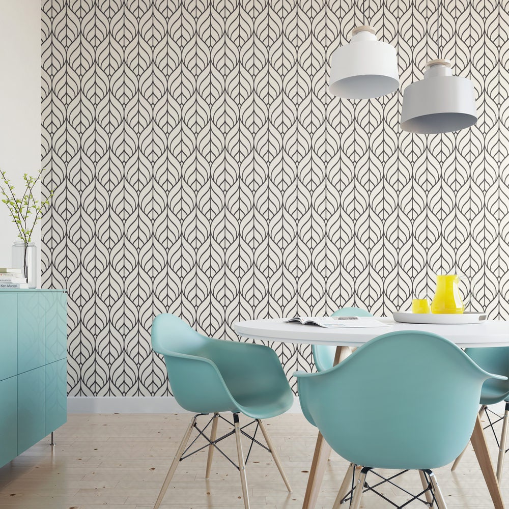 Black and White Geometric Leaf Removable Wallpaper G148-27 Black and White Geometric Leaf Removable Wallpaper G148-27