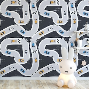 Kids Car Removable Wallpaper | Playroom Wallpaper | Racetrack Self-Adhesive Wallpaper | Boys Room Wall Mural | Road Wallpaper | Accent Wall