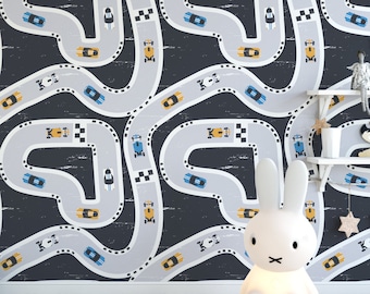 Kids Car Removable Wallpaper | Playroom Wallpaper | Racetrack Self-Adhesive Wallpaper | Boys Room Wall Mural | Road Wallpaper | Accent Wall