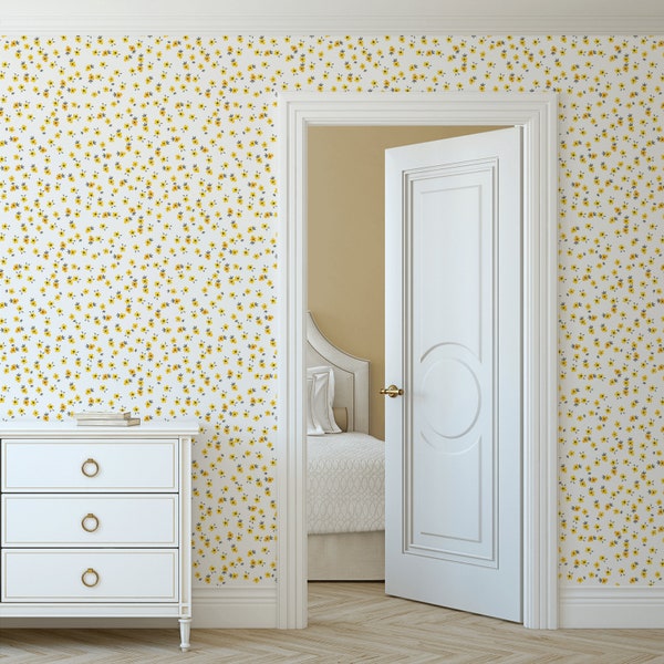Yellow Floral Removable Wallpaper | Yellow Flower Wallpaper | Small Flower Self Adhesive Wallpaper | Dainty Wallpaper | Floral Accent Wall