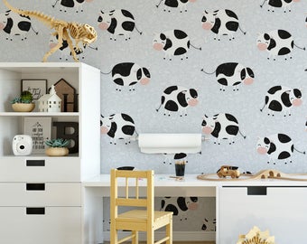 Cows kids removable wallpaper / cute self adhesive wallpaper / children's farm temporary wallpaper K129-27