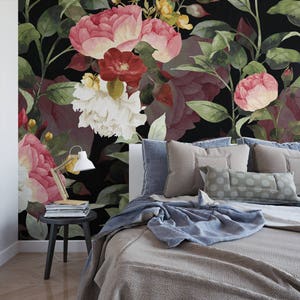Dark Dutch Floral Wall Mural Removable Wallpaper  / tropical wallpaper / botanical self adhesive / floral wallpaper M2612