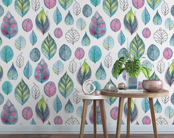 Watercolor Leaf Removable Wallpaper  / tropical wallpaper / botanical self adhesive / floral wallpaper B125-27