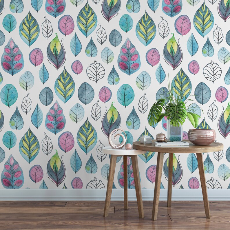 Watercolor leaf removable wallpaper cute self adhesive wallpaper botanical temporary wallpaper B125-27