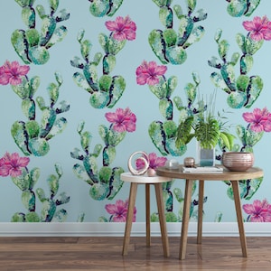 Cactus Removable Wallpaper  / tropical wallpaper / botanical self adhesive / floral wallpaper B155-27