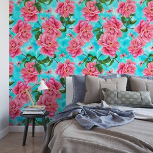 Pink Rose Floral Removable Wallpaper: Tropical Botanical Self Adhesive