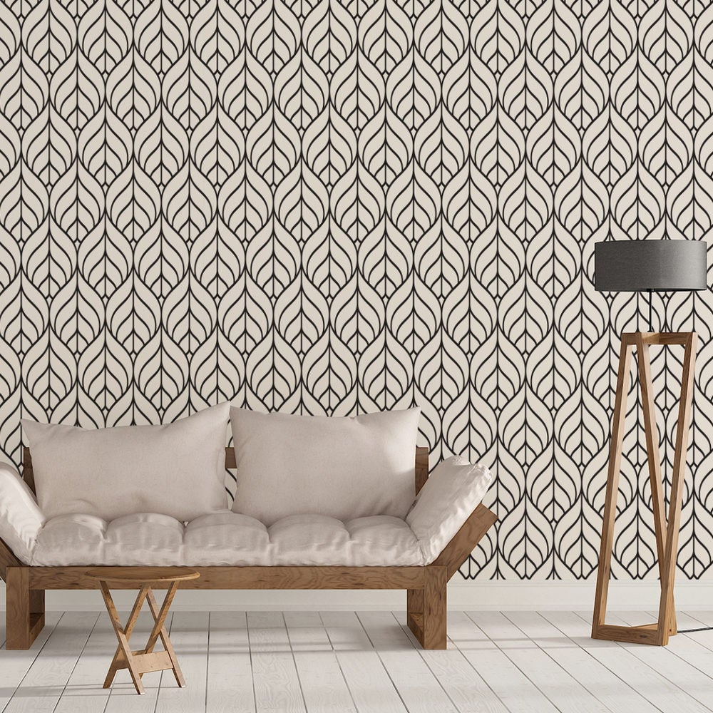 Black and White Geometric Leaf Removable Wallpaper G148-27 Black and White Geometric Leaf Removable Wallpaper G148-27