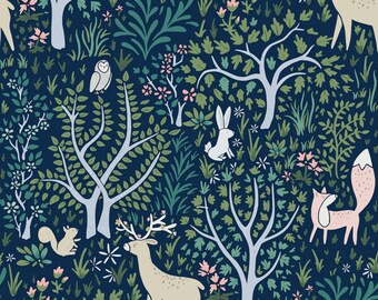 WOODLAND FOREST Tree Bird Animals & Navy Blue Floral WALLPAPER, Elegant Design Maximalist Home Décor Wallpaper