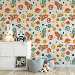 Outer space kids removable wallpaper / cute self adhesive wallpaper / children&#39;s rockets temporary wallpaper K133-27