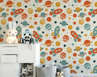 Outer space kids removable wallpaper / cute self adhesive wallpaper / children's rockets temporary wallpaper K133-27