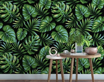 Dark Tropical Leaf Removable Wallpaper: Self Adhesive Botanical Print