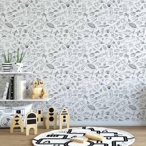 NAUTICAL Turtle DOODLES & Ghost Face Fish Coastal Peel Stick WALLPAPER, Custom Removable Coloring Wallpaper