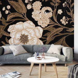 Blossom FLORAL DUTCH & Decorative Botanical Peony Removable WALLPAPER, Temporary Black Gold White Floral Mural