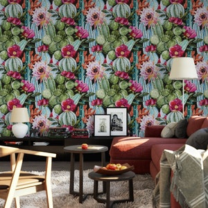 Watercolor Cactus Floral Removable Wallpaper: Tropical Botanical Print