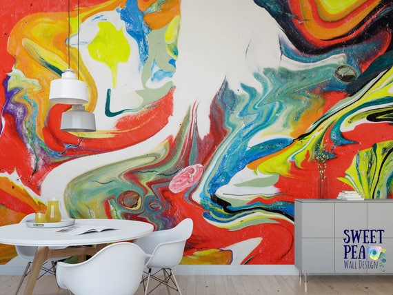 Colorful SWIRL Abstract & Miami Paint Peel Stick Removable Temporary WALL  MURAL, Home Décor Adhesive Wallpaper 