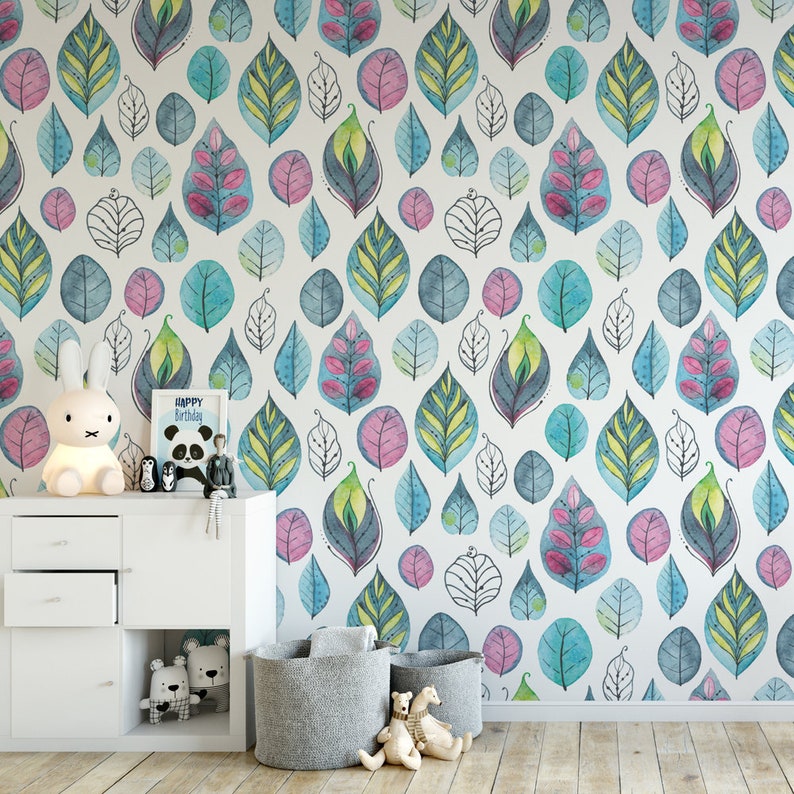 Watercolor leaf removable wallpaper cute self adhesive wallpaper botanical temporary wallpaper B125-27