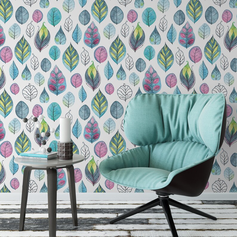 Watercolor leaf removable wallpaper cute self adhesive wallpaper botanical temporary wallpaper B125-27