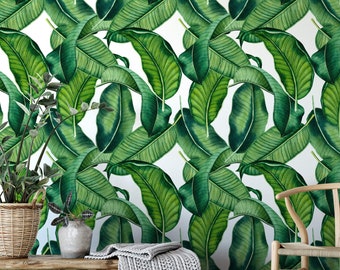 Banana Leaf Removable Wallpaper  / tropical wallpaper / botanical self adhesive / floral wallpaper B163-27